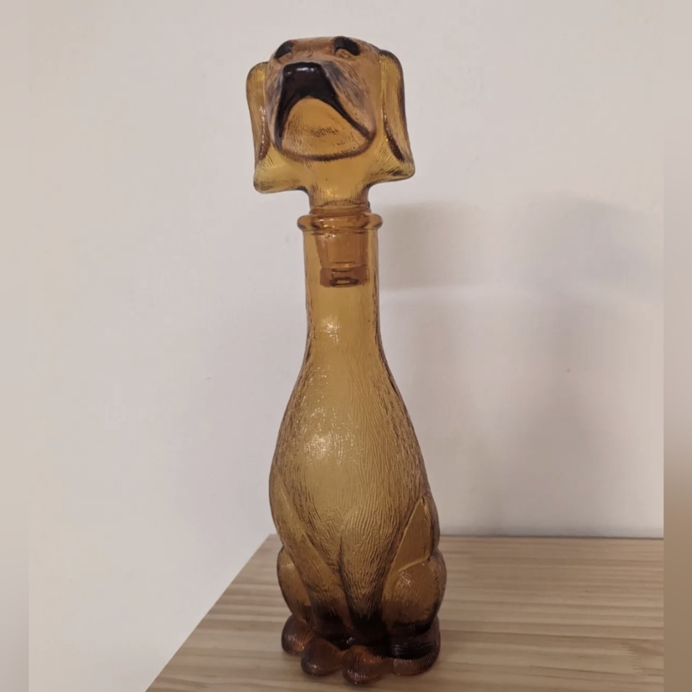 One Vintage Empoli Amber Glass Dog Shape Decanter Mid Century Genie Bottle 14"